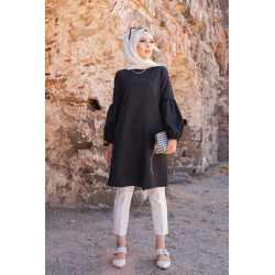 Tunique casual à manches bouffantes pour femme (Vêtement pour musulmane) - Couleur noir