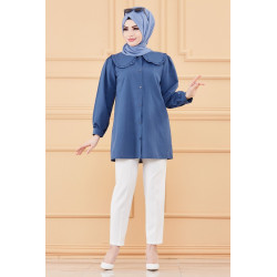 Tunique-chemise style habillé pour femmes (Vêtements chic hijab) - Couleur bleu pétrole