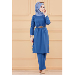 Ensemble tunique à boutons et pantalon assorti pour femme - Couleur bleu indigo