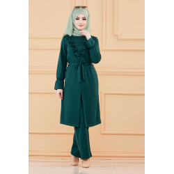 Classical two pieces tunic and trousers (Hijab for Muslim women) - emerald green color