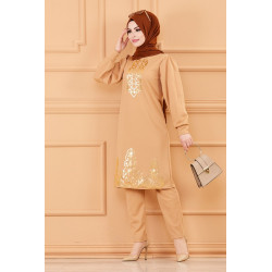 Ensemble tunique motif doré et pantalon pour femme (Tenue Hijab Turquie) - Couleur beige