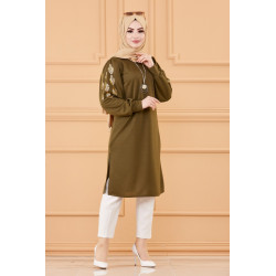 Tunique longue avec dorures (Vêtement hijab turque en ligne) - Couleur kaki