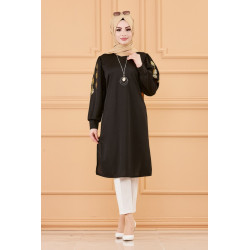 Tunique longue avec dorures (Vêtement pas cher pour femme voilée) - Couleur noir