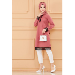 Tunique habillée avec dentelle (Tenue femme pour hijab) - Couleur rose