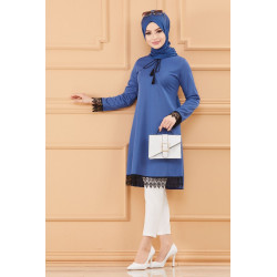 Tunique habillée avec dentelle pour femme (Tenue hijab classique) - Couleur bleu indigo