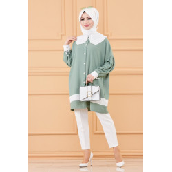 Tunique style habillé (Vêtement chic pour femme voilée) - Couleur vert menthe et blanc
