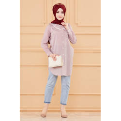 Tunique avec col foufrou (Vêtements femmes musulmanes style habillé) - Rayures couleur...