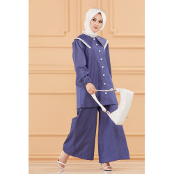 Ensemble casual deux pièces : tunique-chemise à dentelle et pantalon jupe large...