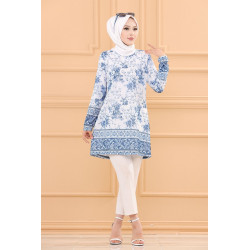 Tunique à motifs fleurs et arabesques pour femmes (Tenues Hijab Chic) - Couleur bleu
