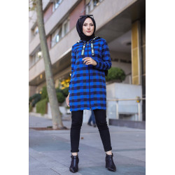 Veste-Tunique zippée à capuche (Tenue Hijab Automne Hiver) - Couleur bleu roi