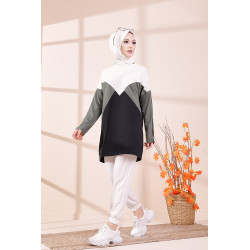 Tunique originale pour femme - Sweat-shirt tricolore - Couleur blanc noir et Kaki