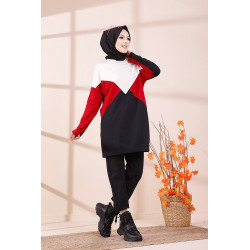 Tunique originale pour femme - Sweat-shirt tricolore - Couleur blanc noir et bordeaux