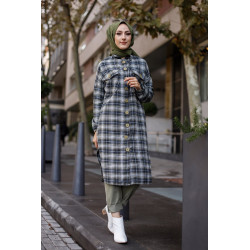Chemise longue à carreaux pour femme (Boutique Musulmane) - Couleur bleu marine et kaki
