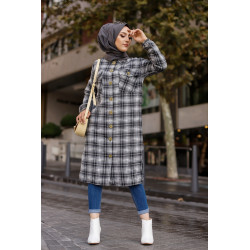 Chemise longue à carreaux pour femme (Vêtement musulmane Paris) - Couleur anthracite et...