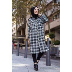 Chemise longue à carreaux (Vêtement hijab boutique en ligne) - Couleur noir et kaki