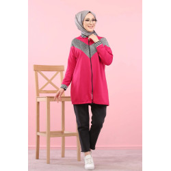 Silver jacket for women - Zipped tunic sportswear style (Muslim mode) - Fuchsia color