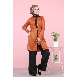 Women's satin belt jacket (Cheap online Muslim fashion) - Rust Color