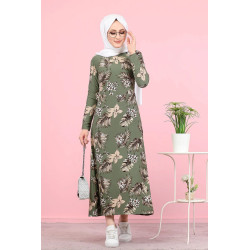 Robe longue imprimés fleurs (Vêtement style femme voilée) - Couleur kaki
