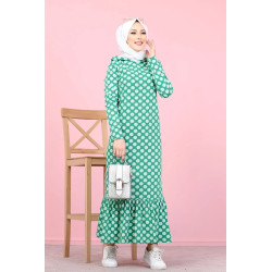 Robe à capuche imprimée à pois blancs avec volant (Vetement hijab) - Couleur verte