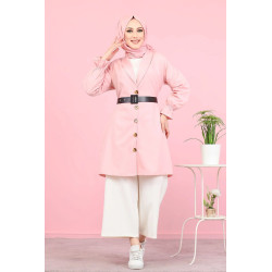 Classic long and loose buttoned jacket (Hijab Clothing) - Pink color