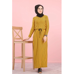 Robe maxi-longue à rayures mode décontracté ceinture intégrée (Vêtement femme Hijab en...
