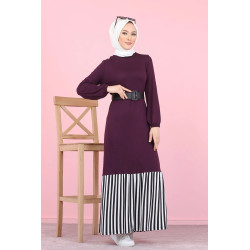 Robe longue bi-matière fluide pour femme (Vetement moderne musulmane) - Couleur aubergine
