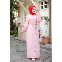 Robe long shirt printed with stripes and belt with (Vetement lady veiled) - Color red...