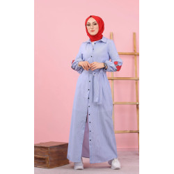 Robe chemise longue imprimée à rayures et ceinture assortie (Vetement femme voilée) -...