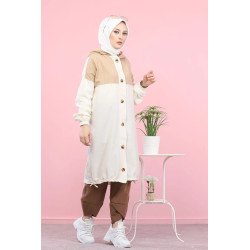 Veste longue bicolore à capuche (Mode islamique) - Couleur blanc et Beige