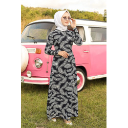 Robe longue imprimée motifs feuilles (Mode musulmane) - Couleur bleu marine