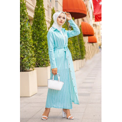 Buttoned striped dress (open) with matching belt (Vetement been veiled woman) - Mint color