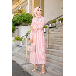Fully buttoned striped front dress with matching belt (Summer veiled woman) - Ecru and...