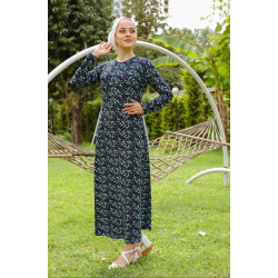 Flared floral dress (flower print) - Navy blue colour