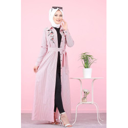 Robe chemise longue à rayures rouges avec ceinture (Vetement mastour femme musulmane)