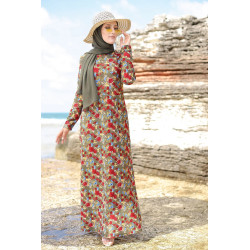 Robe longue fleurie sur un fond de couleur Kaki pour femme voilée (Boutique en ligne...
