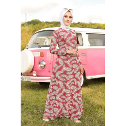 Robe longue imprimée motifs feuilles (Mode musulmane) - Couleur rose framboise