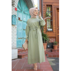 Long striped dress with veiled women's belt - Almond Green Color