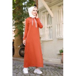 Casual long hooded dress (Modest Sportwear for veiled Muslim women) - Brick color