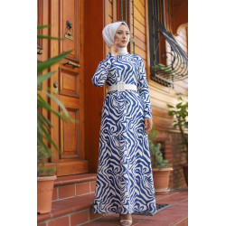 Long dress with wave print (Hijab Street Turkish 2021) - Blue and White Color