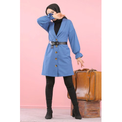 Veste longue classique boutonnée élégante (Vêtement pour femme voilée) - Couleur bleu...