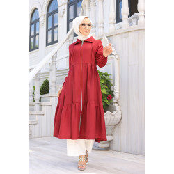 Veste zippée légère mi longue (Vetement ample pour femme voilée) - Couleur rouge bordeaux