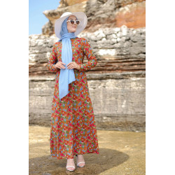 Robe musulmane longue à motif fleur multicouleur sur un fond de couleur Marron