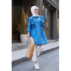 Chemise à froufrou (Vetement femme voilée en ligne) - Couleur bleu pétrole