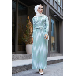 Robe très longue à rayures ceinture intégrée (Mode Musulmane) - Couleur Menthe