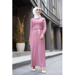 Robe longue à rayures ceinture intégrée pour femme (Vetement hijab) - Couleur framboise
