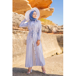 Robe chemise d'été très longue à rayures (Vetement femme musulmane chic) - Couleur bleu...