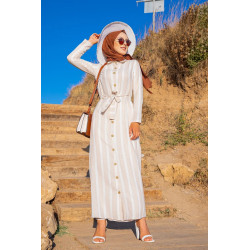 Robe chemise longue à rayures (Vetement hijab turque) - Couleur beige et blanc