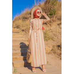 Robe chemise longue d'été à rayures (Vetement d'été pour femme voilée) - Couleur beige,...