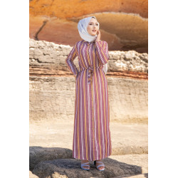 Robe chemise très longue à rayures (Vetement femme voilée chic) - Couleur bordeaux,...