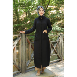 Robe longue fluide entièrement boutonnée devant (Robes hijab casual) - Couleur Noir